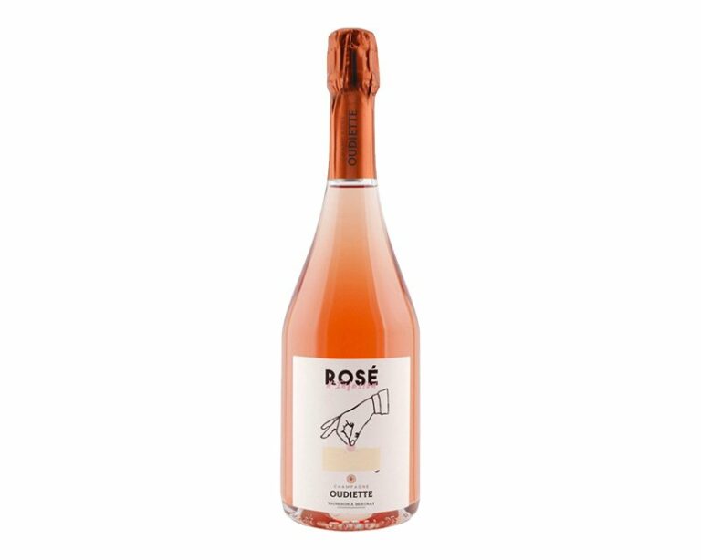 Bouteille de Rosé d’Infusion – Champagne Oudiette, rosé composé de 98% de Chardonnay et 2% de Meunier.