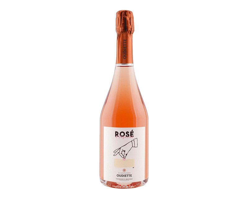 Bouteille de Rosé d’Infusion – Champagne Oudiette, rosé composé de 98% de Chardonnay et 2% de Meunier.